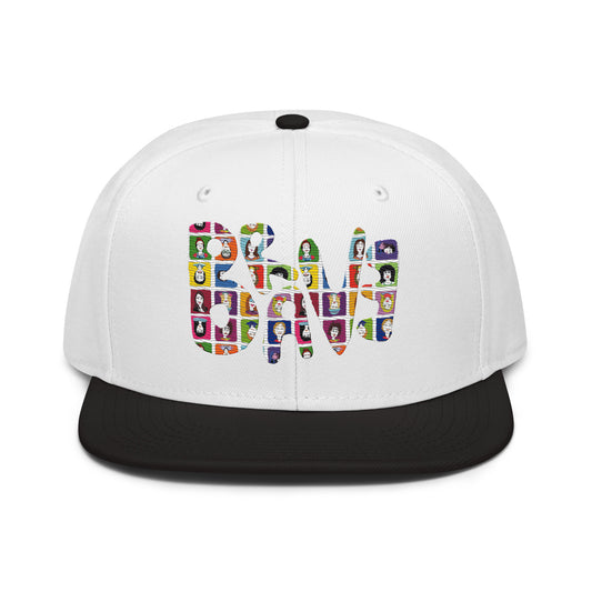 Front of The Brave People White & Black cap for Women and Men by The Bravest Project freaturing the word BRAVE in colours and  drawings of people faces