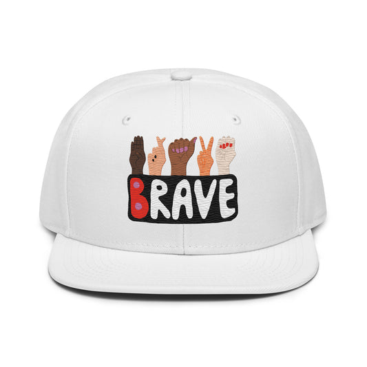 Front of Brave Sign Language Design White Cap Hat for Women Men by The Bravest Project TheBP