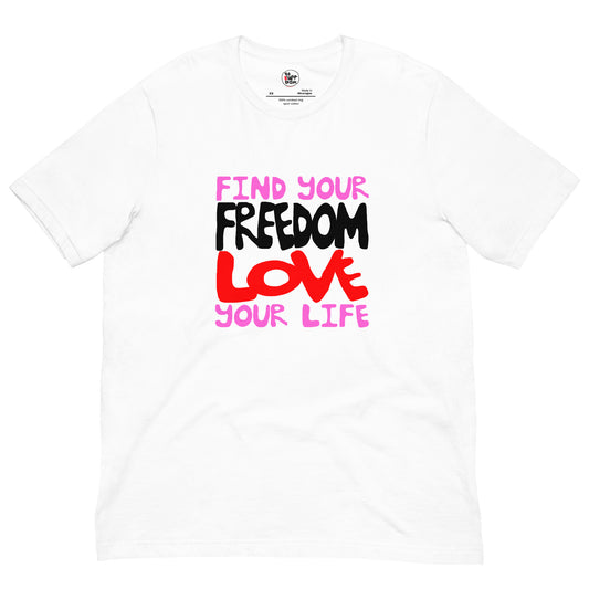 Front of Freedom Love White Graphic Tee T-Shirt for Men Women Printed Both sides by The Bravest Project