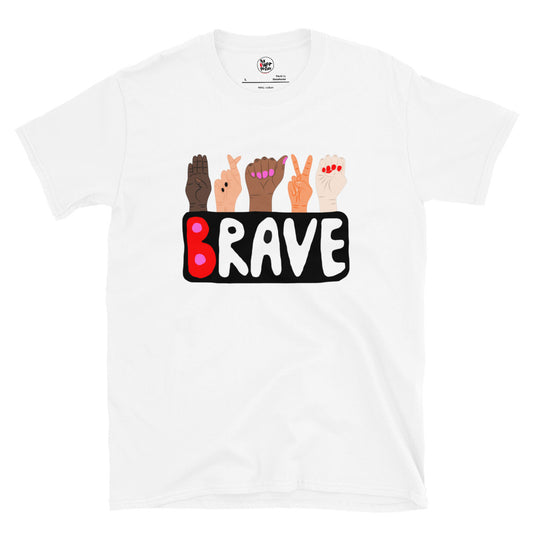 Front of Brave Sign Language White Graphic Tee for women and men by The Bravest Project