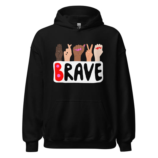 Front of Brave Sign Language Black Hoodie for men Women by The Bravest Project