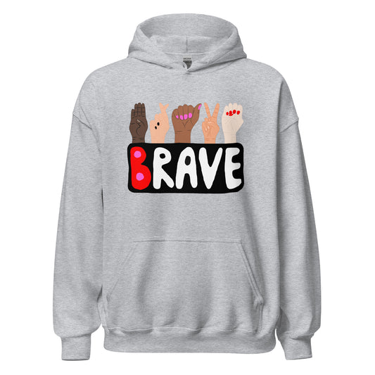 Front of Brave Sign Language Gray Hoodie for Men Women By The Bravest Project
