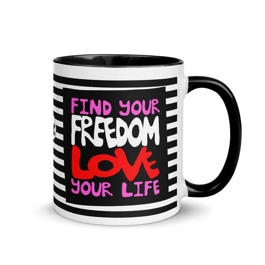 Front of Freedom and Love Mug by The Bravest Project, with white and black lines backgroung with the word brave with hands spelling the word brave in Sign Language, and also a black square with a message that says Find Your freedom Love Your LIife. Birthday Mothersday Valentines Gif for Women Men 
